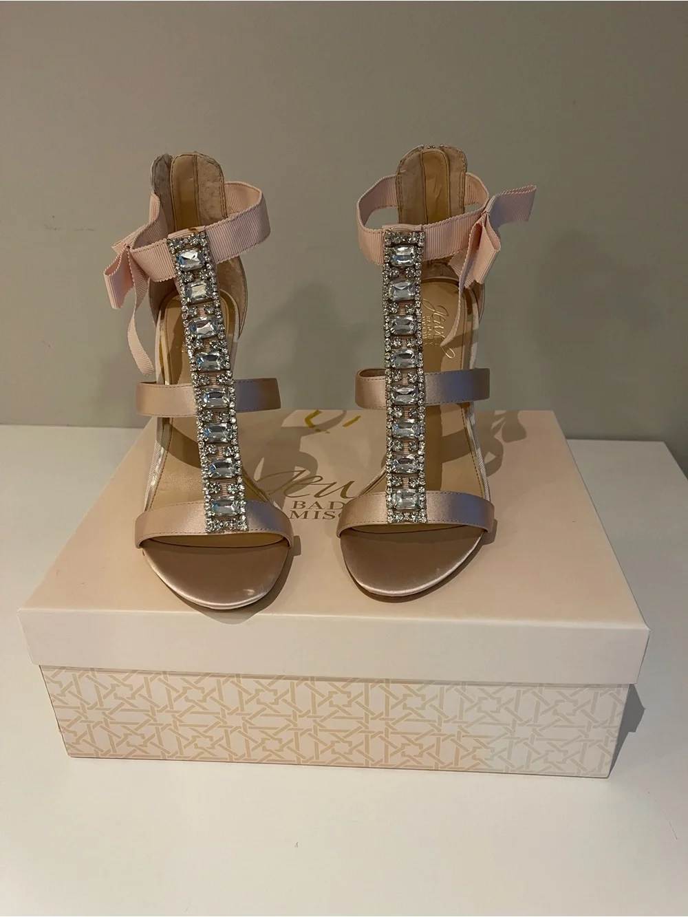 Jewel Badgley Mischka Blush Pink Satin T-Strap Heels with Rhinestone Bow